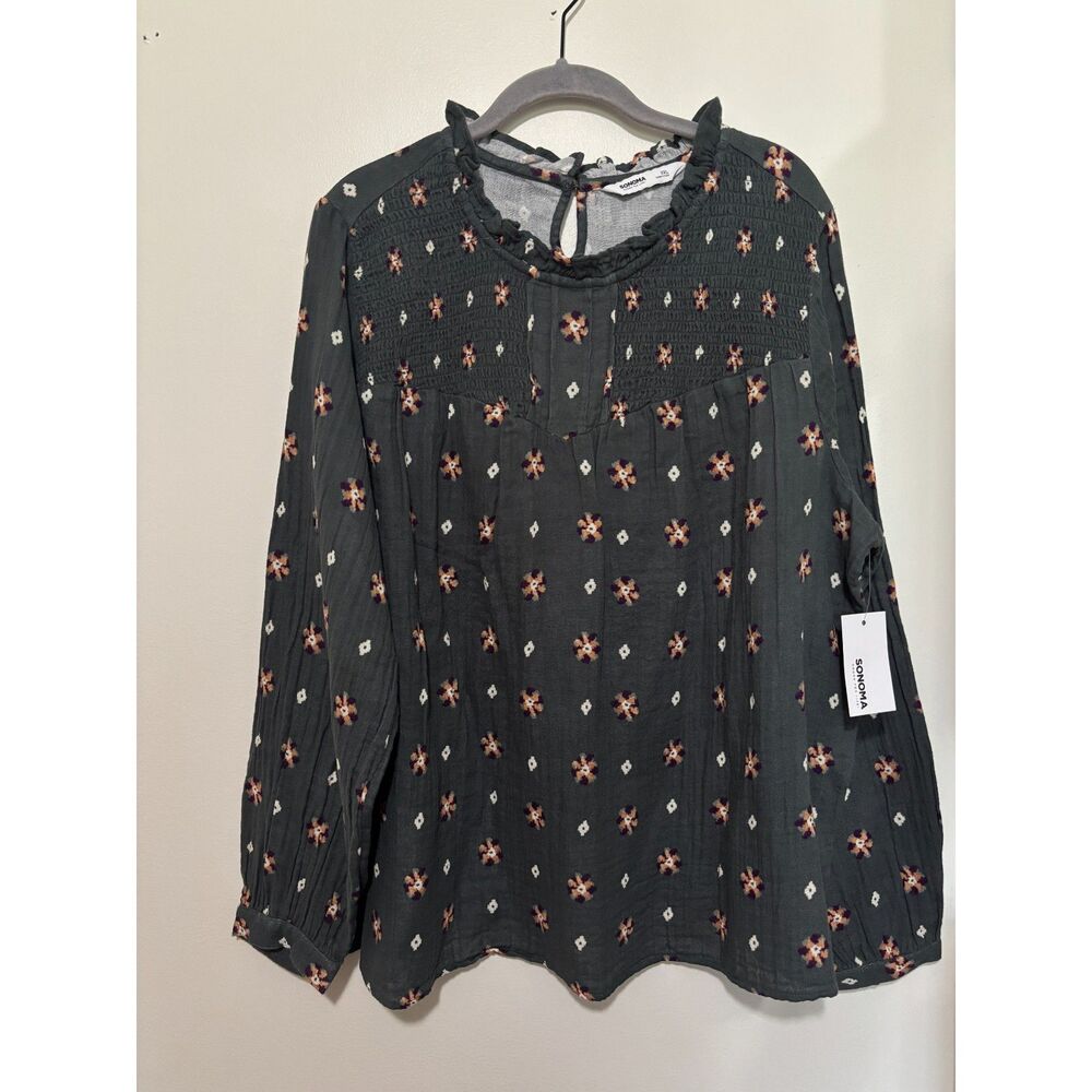 Sonoma Boho‎ Floral Smocked Blouse Peasant Top Dark Cottagecore NWT XXL